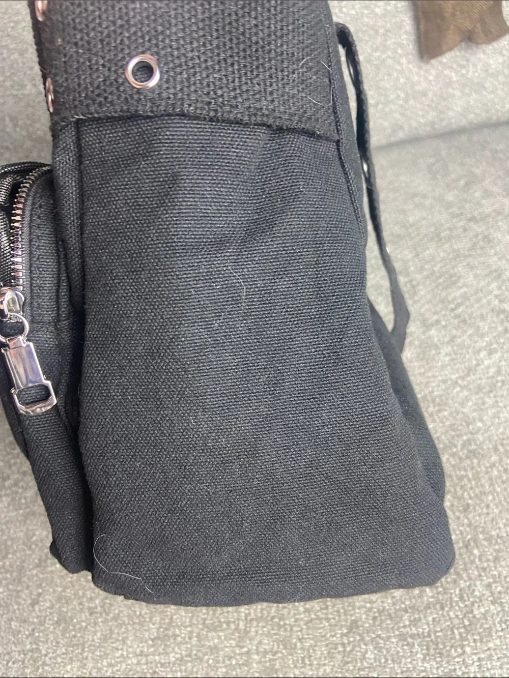 Black Canvas Grommet Belt Bag with Chain Accent